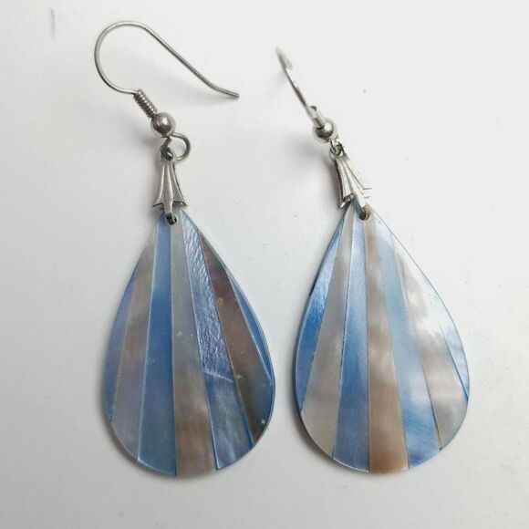 Vintage Blue Striped Radiant Drop Shape Dangle Earrings, Retro Shiny Estate - Picture 6 of 6